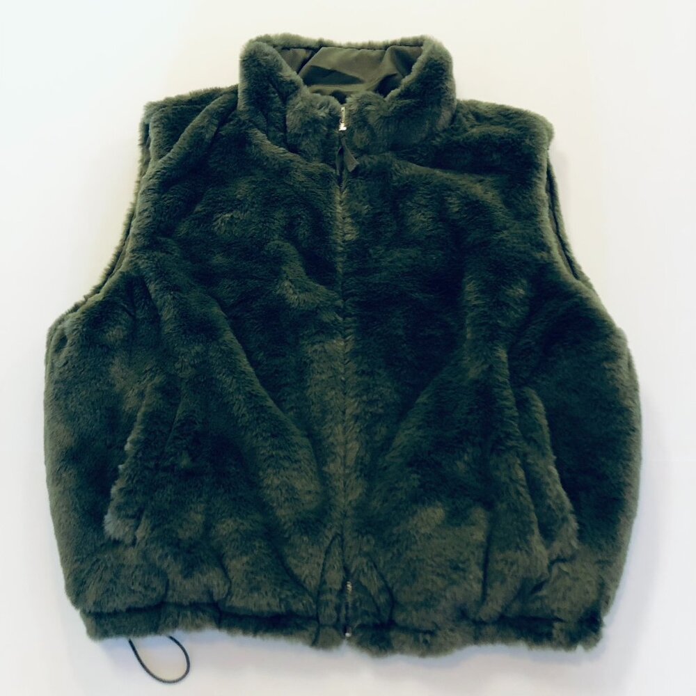 Forever 21 Zip Up Puffer Vest Jacket 2 Way Reversible Plush Trim Size L Green - Picture 4 of 16